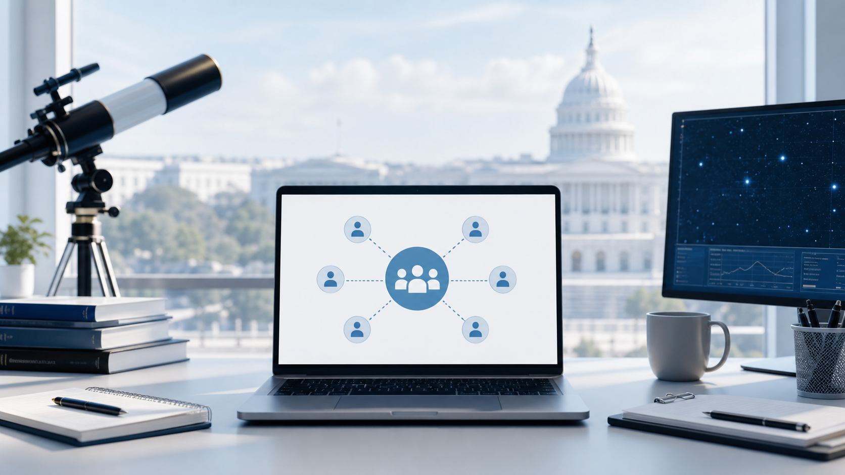 Editorial illustration of a science desk facing Washington, with a telescope, laptop network diagram, and sky-observation monitor.