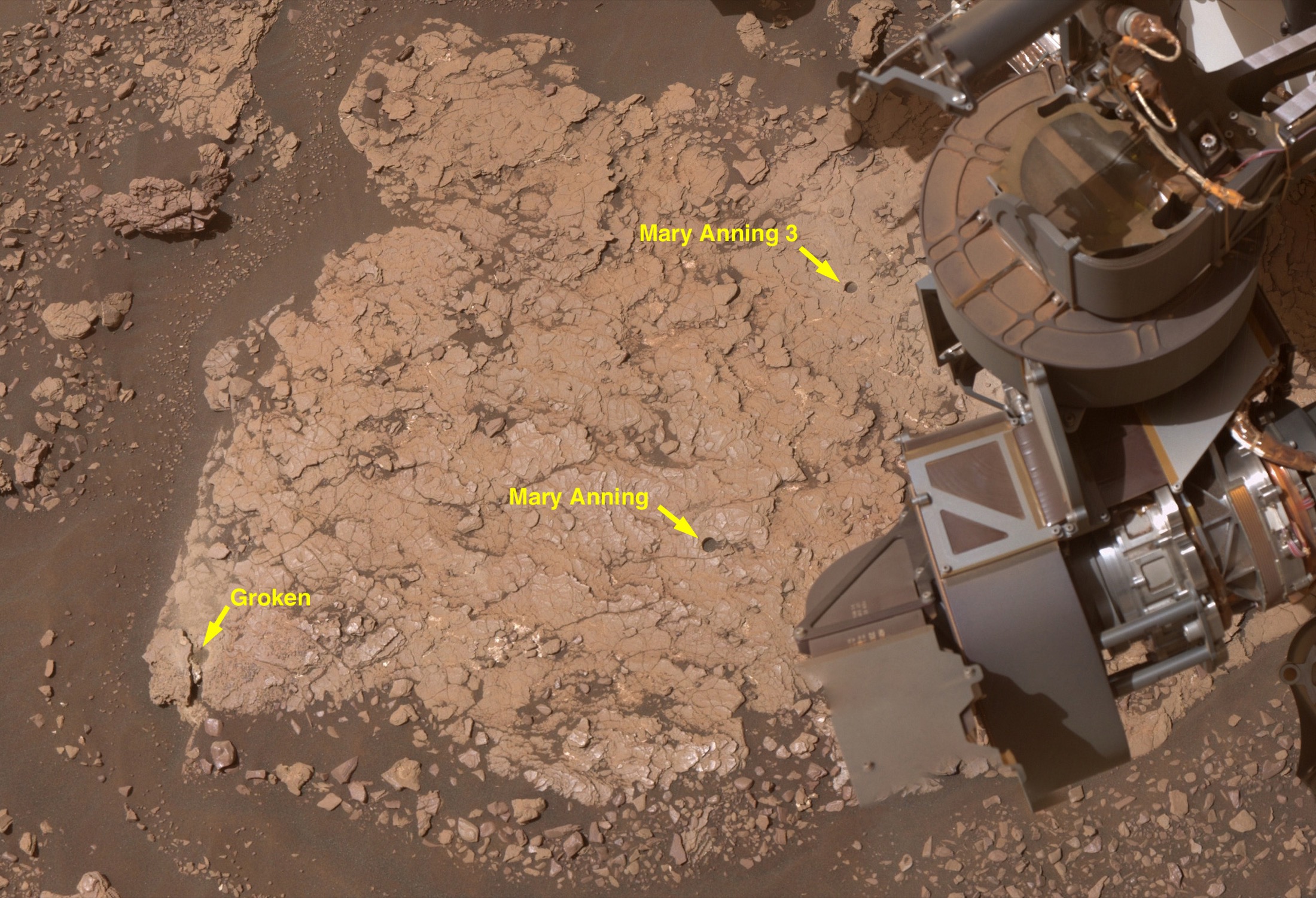 NASA Curiosity image of the Mary Anning drill site on Mars with labels for Groken, Mary Anning, and Mary Anning 3.