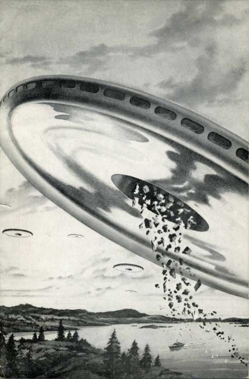 1948 James B. Settles illustration of a large doughnut-shaped craft over Puget Sound, dropping debris toward a small boat; originally published in Shaver Mystery Magazine Vol. 2 No. 1.