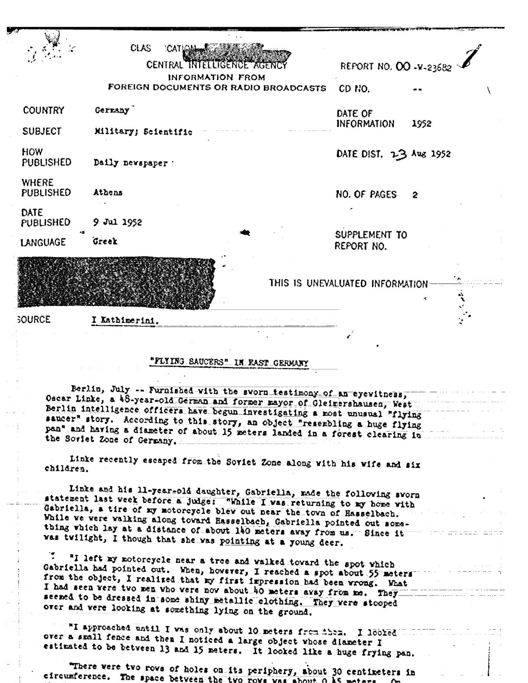 CIA foreign-document report page titled Flying Saucers in East Germany, report number 00-W-23682.
