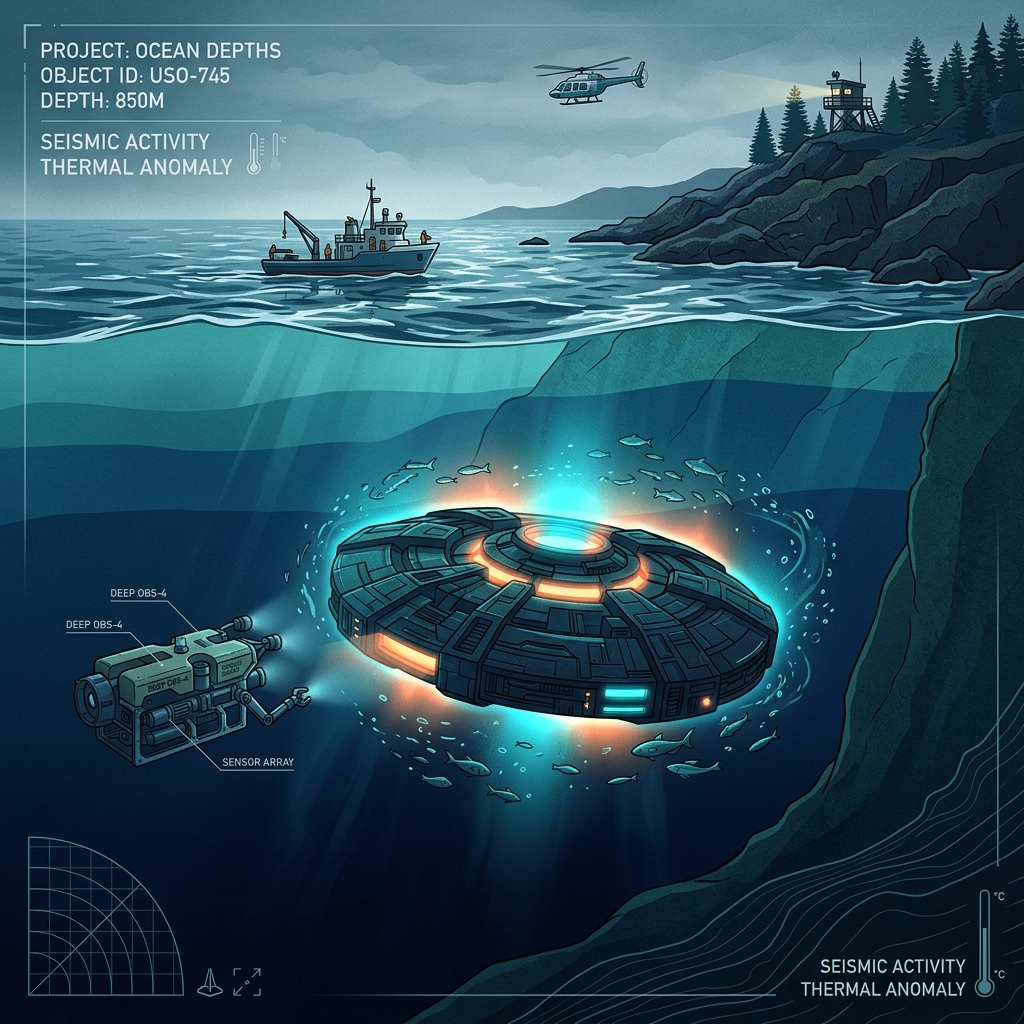 AI-generated editorial visualization of an unidentified submerged object (USO) under the ocean surface near a coastline, with mysterious glowing lights underwater.