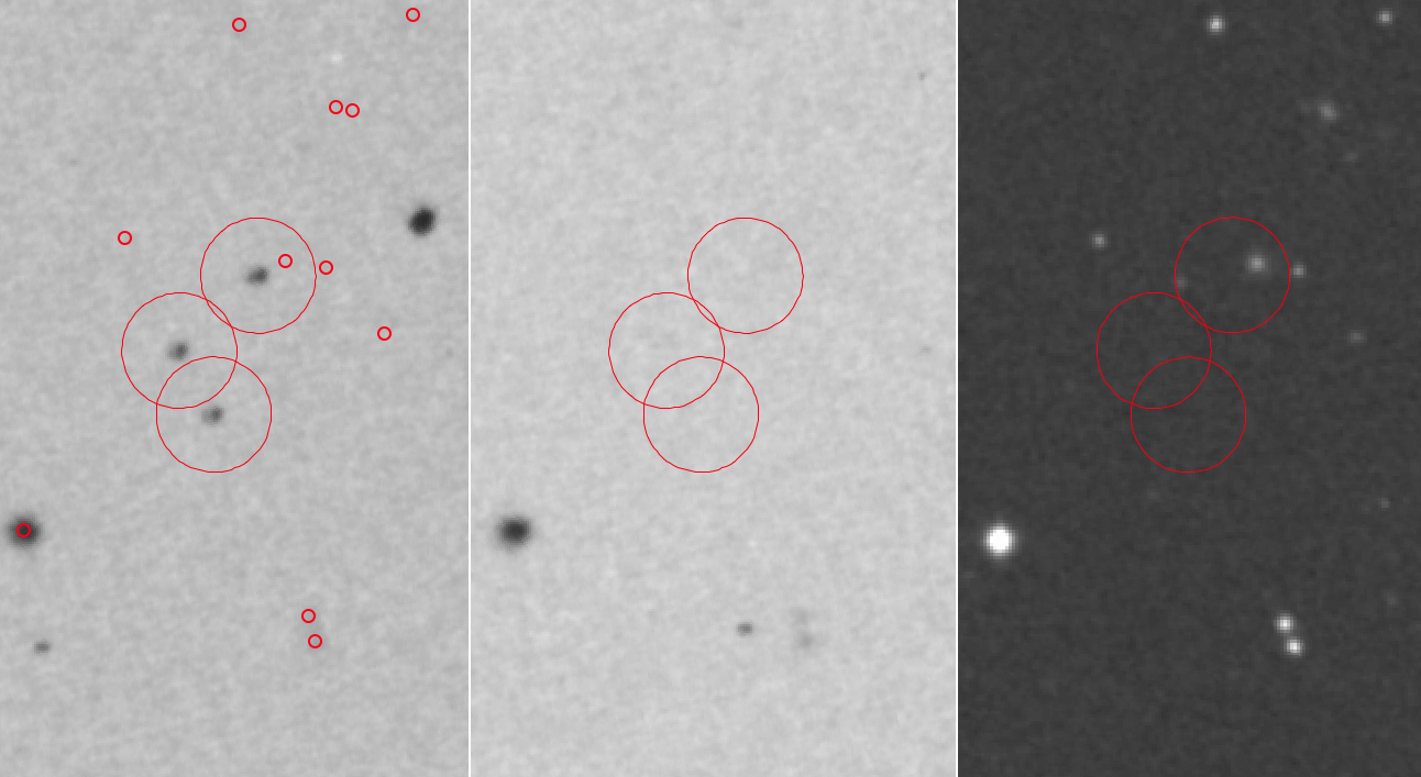 Source figure from Ivo Busko's arXiv paper showing a triple transient on photographic plates with red circles marking the positions.