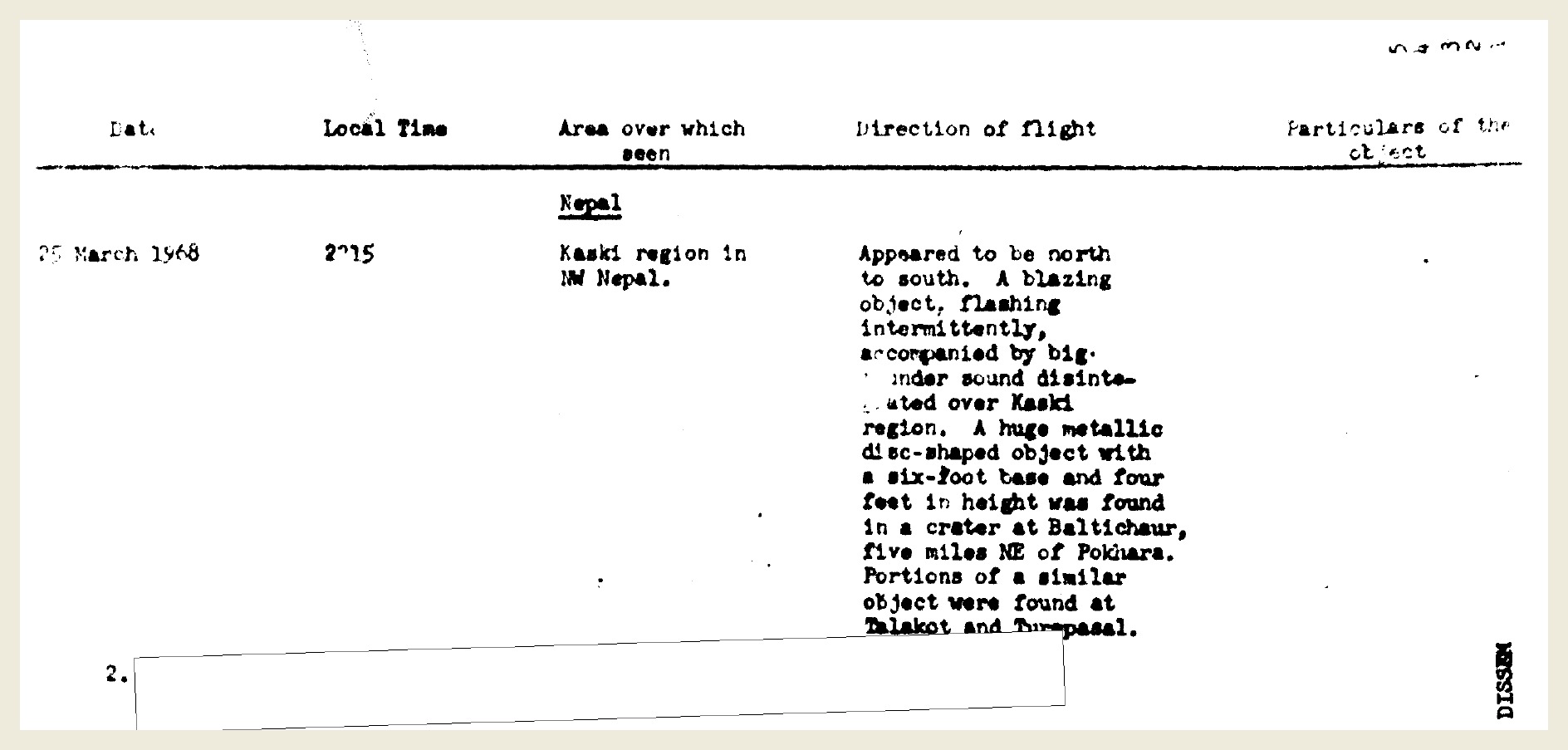 Source crop from CIA-UAP-016 describing a metallic disc-shaped object reportedly found in a crater near Pokhara, Nepal, in March 1968.