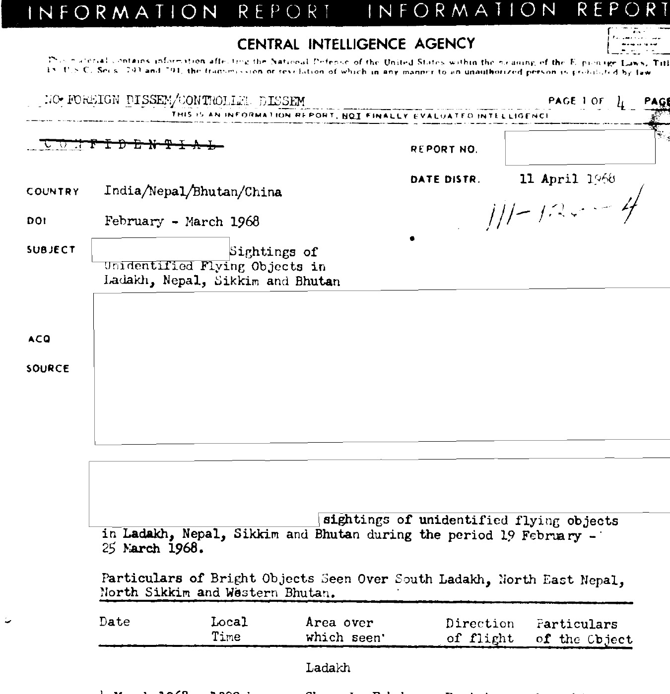 Crop from CIA-UAP-016 showing the CIA information report header for sightings in Ladakh, Nepal, Sikkim, and Bhutan.