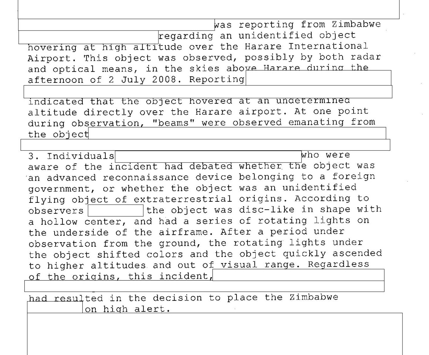 Crop from page two of CIA-UAP-017 from PURSUE Release 03 describing an unidentified object over Harare International Airport in July 2008.
