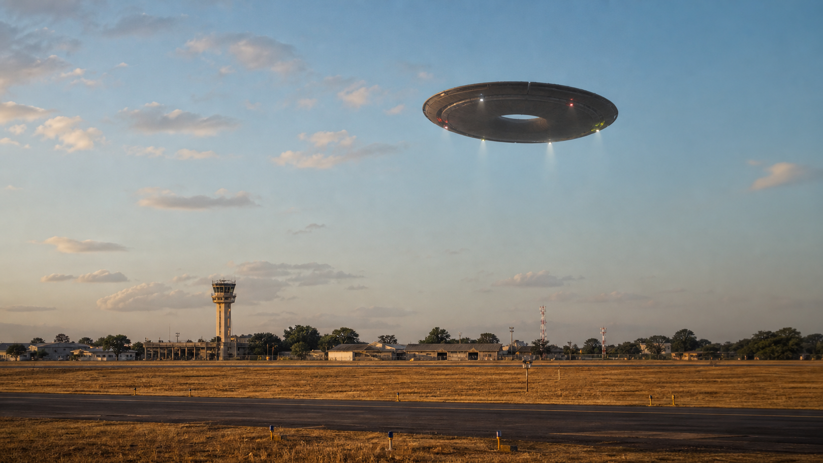 AI-generated editorial visualization of a disc-like UFO with a hollow center above an airport runway, based on the CIA-UAP-017 Harare airport report.