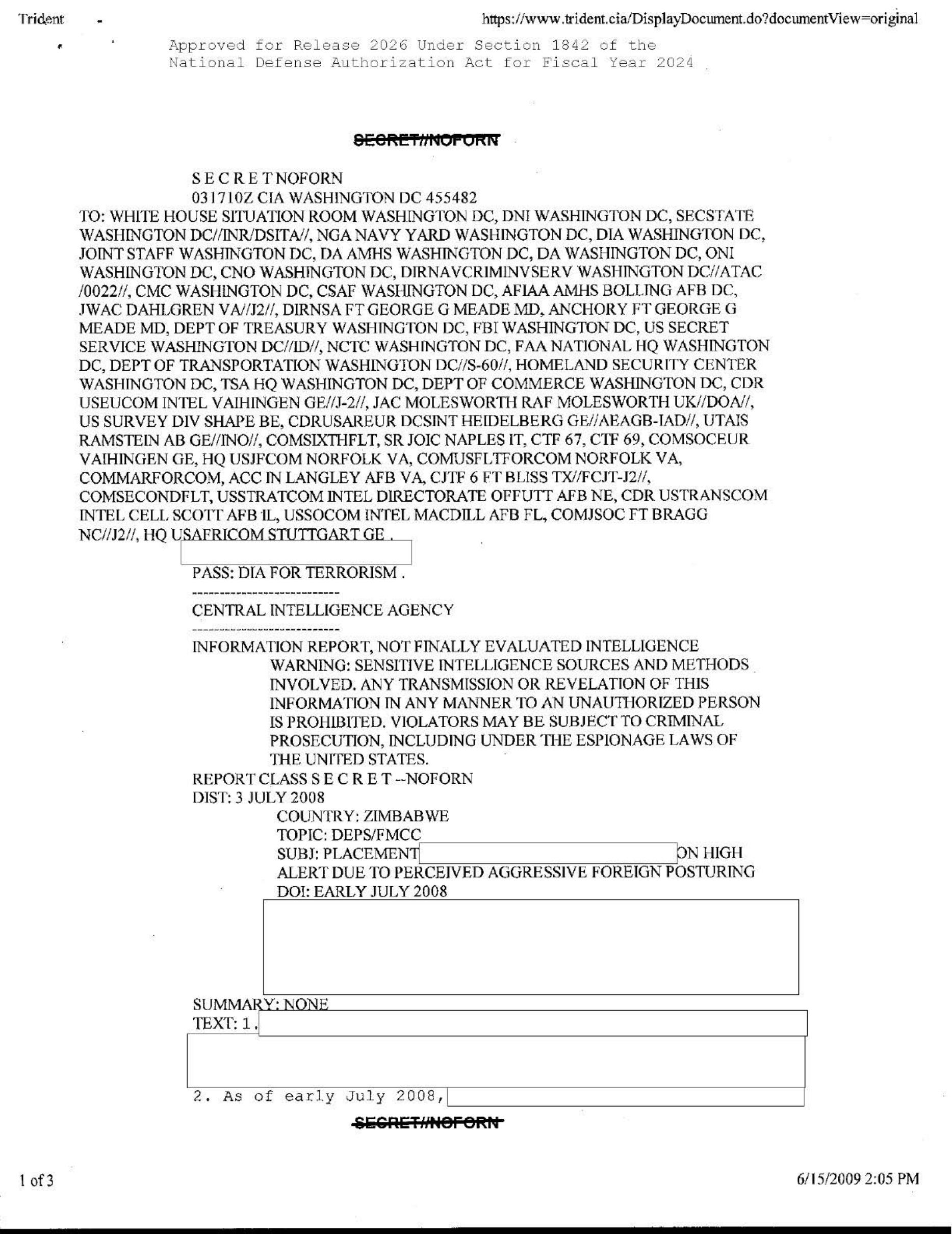 CIA-UAP-017 Harare report page from PURSUE Release 03, showing a CIA information report about Zimbabwe.
