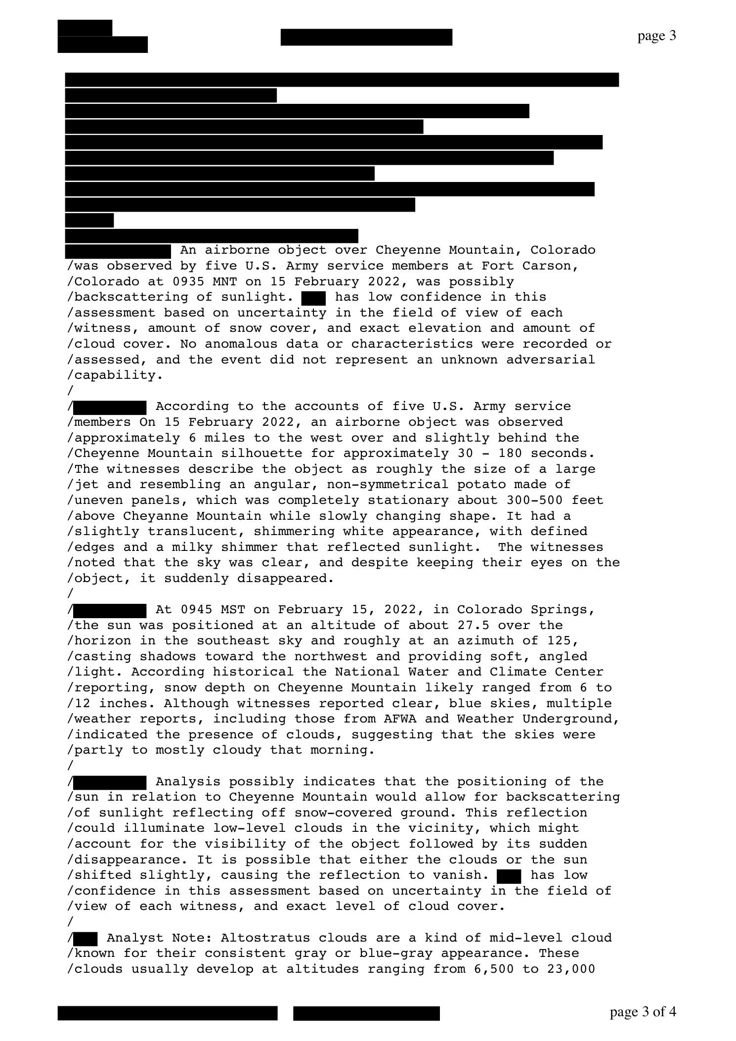 Page from ICA-UAP-D001 describing a possible sunlight backscattering explanation for the Cheyenne Mountain UAP report.