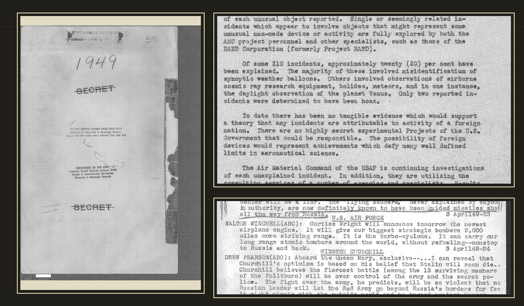 Source-derived editorial composite from DOW-UAP-D084 showing a 1949 secret Army folder, an evaluation page, and a flying saucers bulletin excerpt.