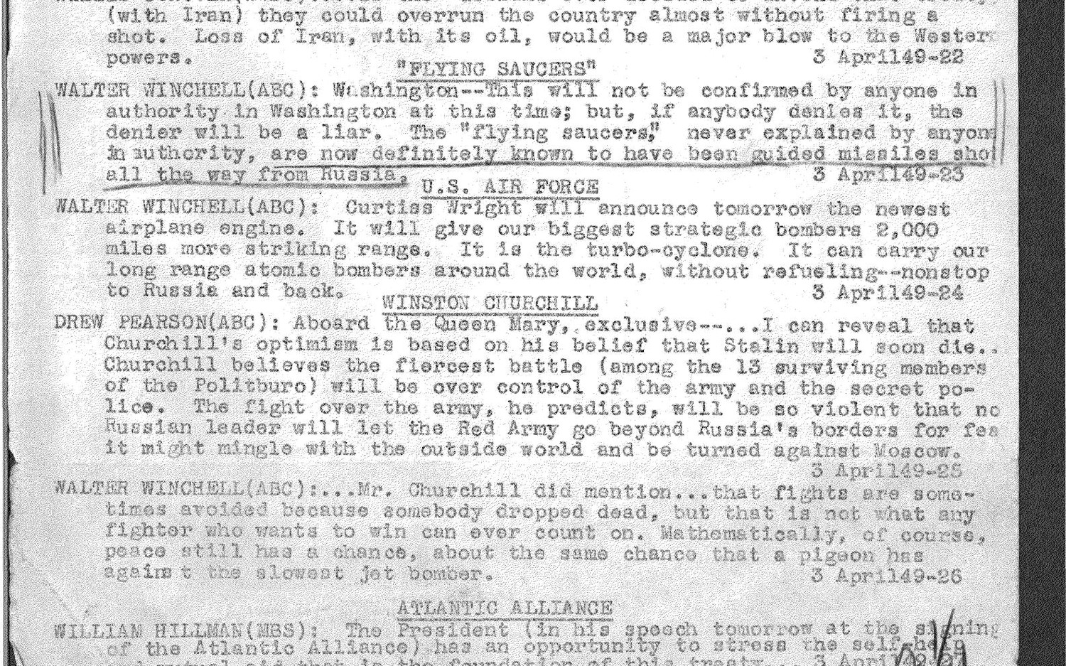 Crop from DOW-UAP-D084 showing a 1949 Army bulletin excerpt under the heading Flying Saucers and a Walter Winchell claim about Russia.