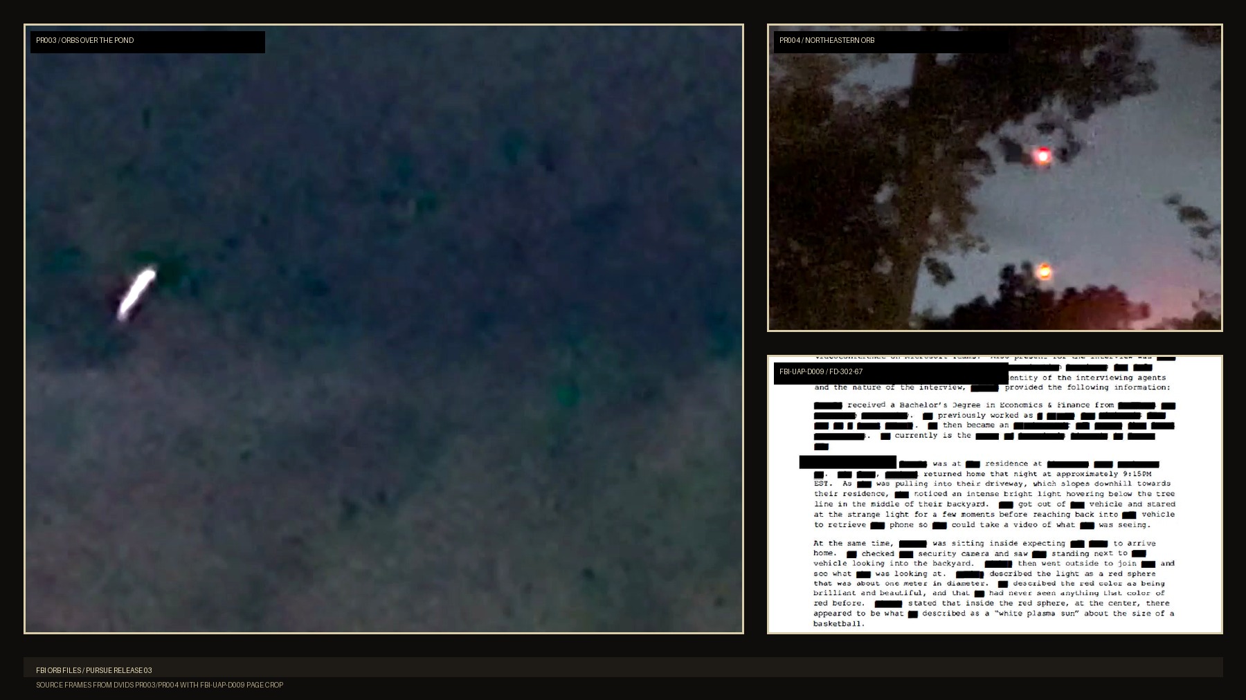 Editorial composite of source frames from FBI-UAP-PR003 and FBI-UAP-PR004 with a crop from FBI-UAP-D009 in PURSUE Release 03.