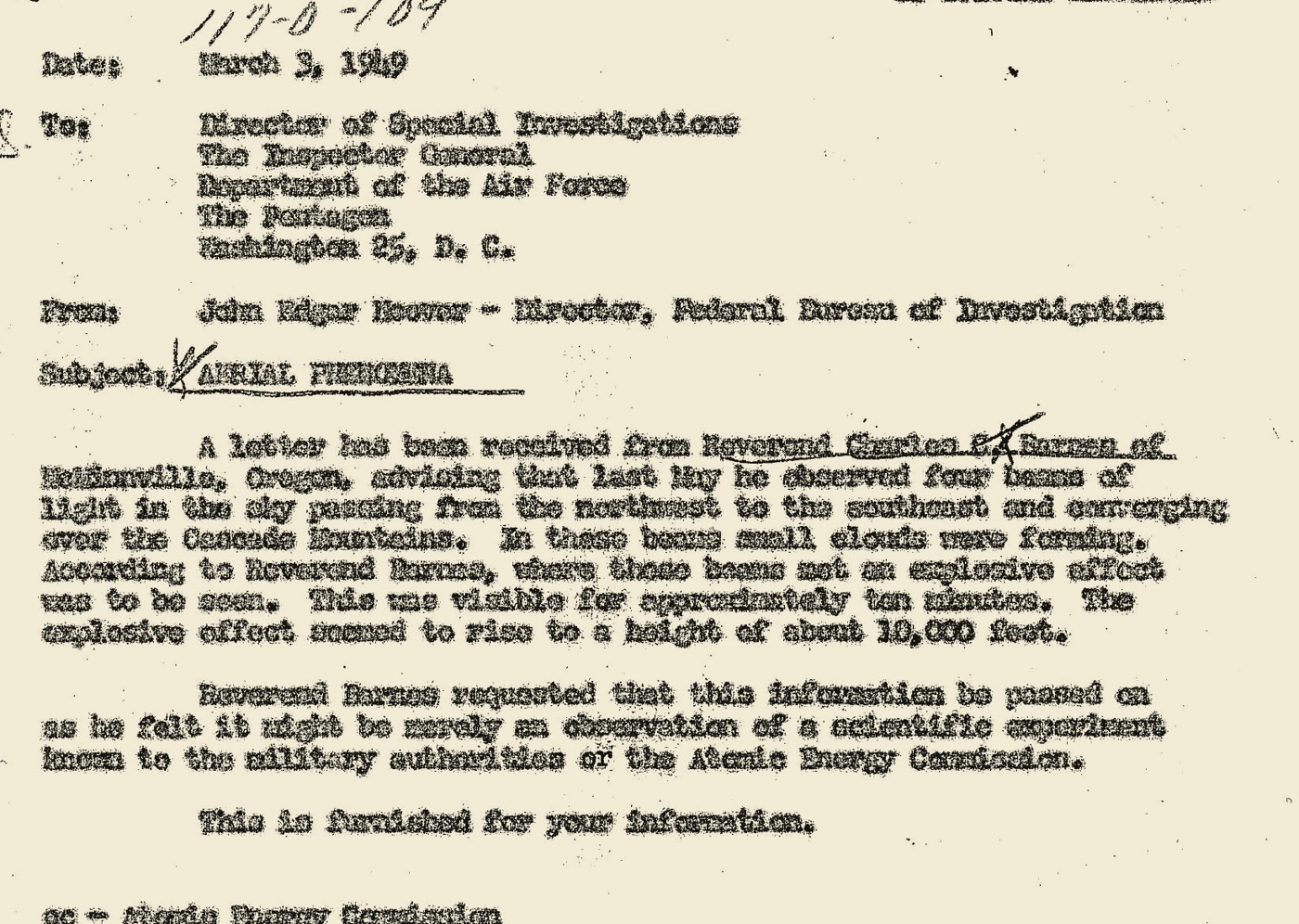 FBI memo crop from FBI-UAP-D011 forwarding Barnes's aerial phenomena report to the Atomic Energy Commission in March 1949.