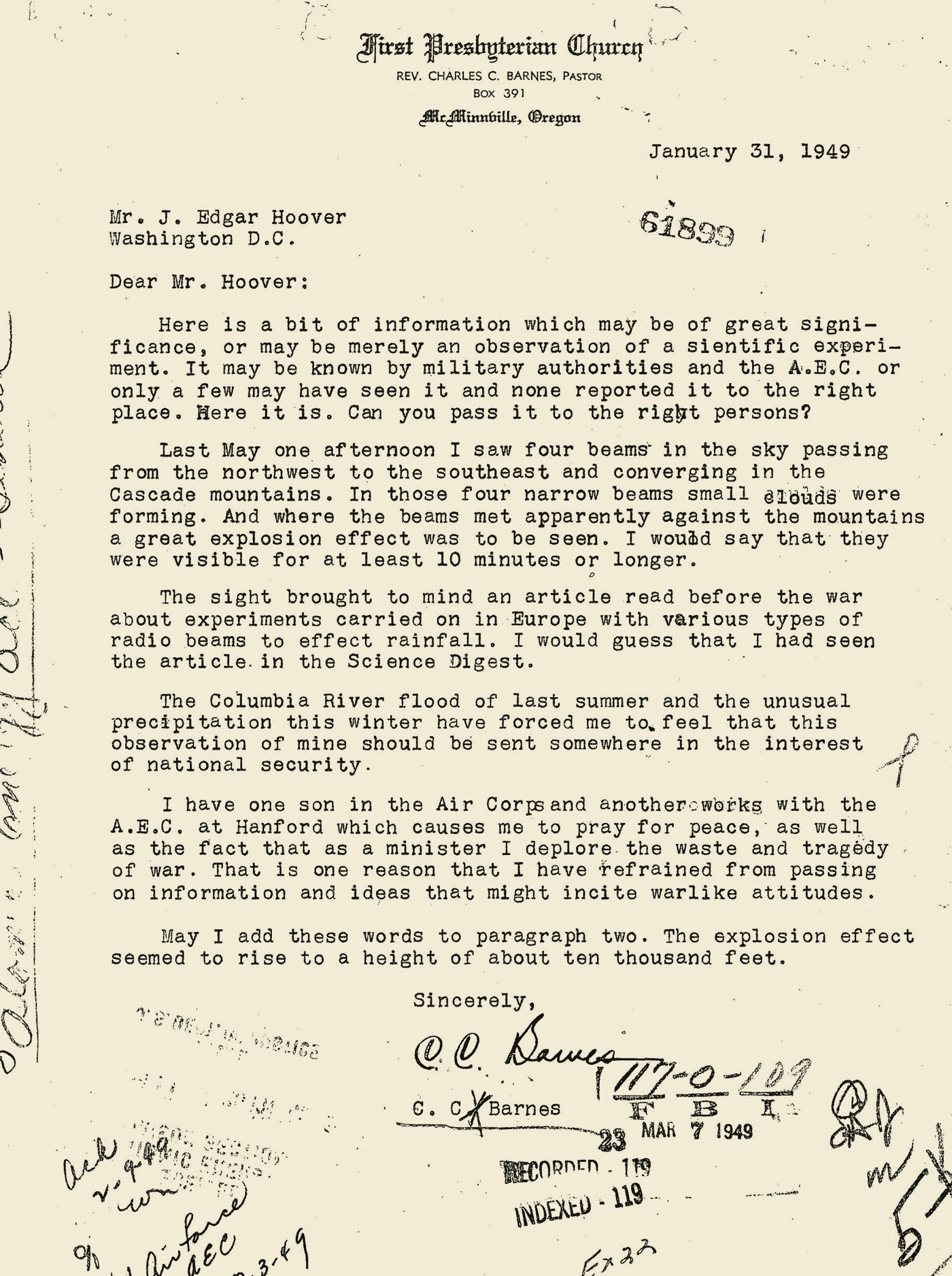 Full page crop of Rev. Charles C. Barnes's Jan. 31, 1949 letter to J. Edgar Hoover in FBI-UAP-D011.