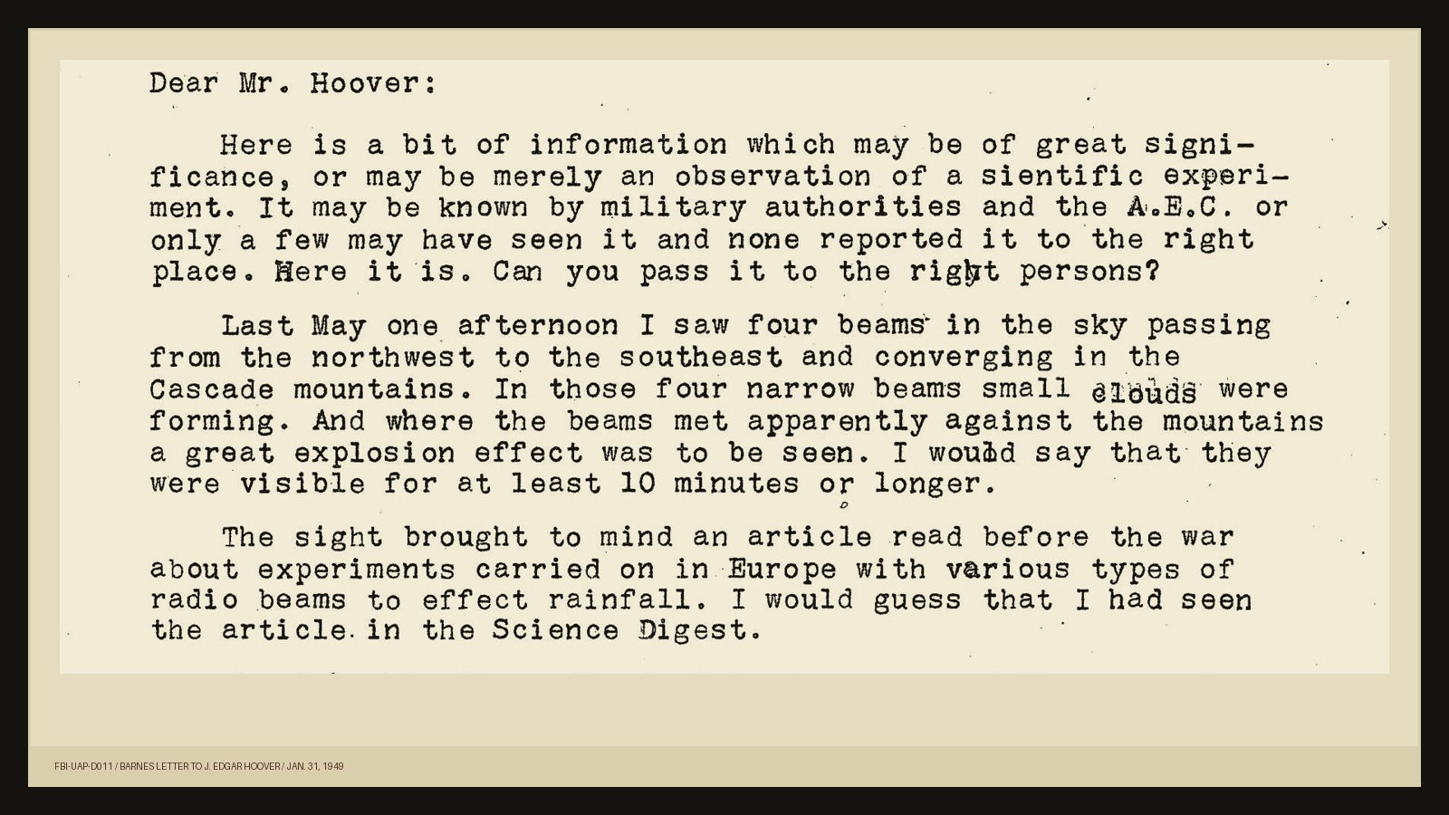 Document crop from FBI-UAP-D011 showing Rev. Charles C. Barnes describing four beams over the Cascade Mountains in a 1949 letter to J. Edgar Hoover.
