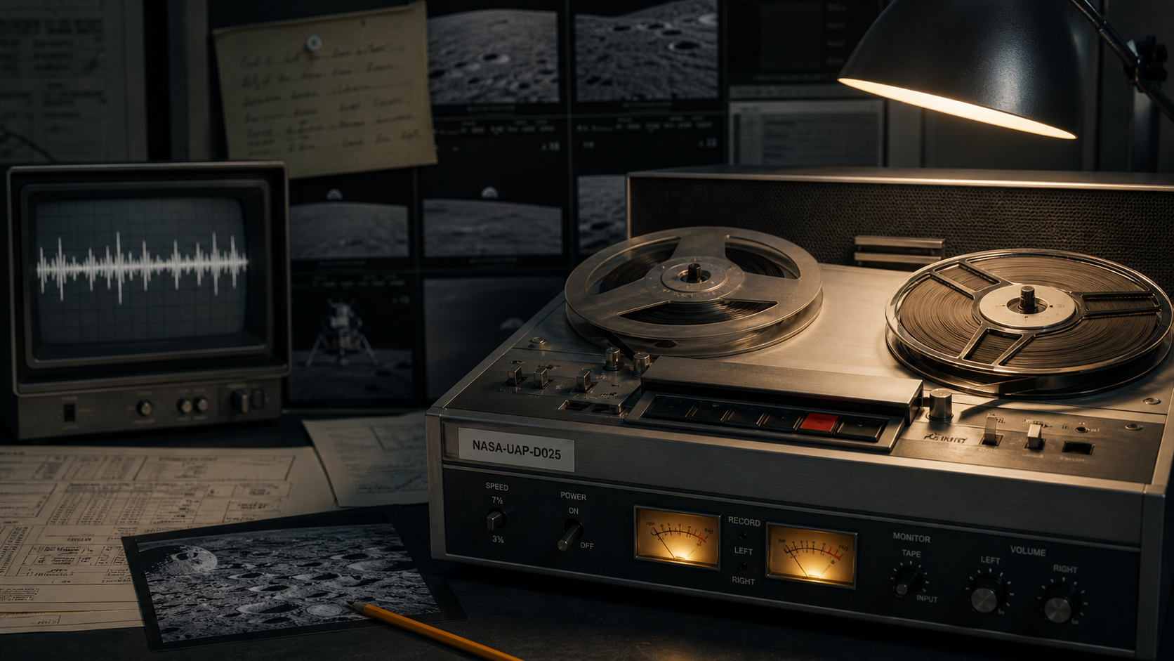 Editorial illustration of an archival NASA audio deck, Apollo lunar contact sheets, and a waveform monitor for NASA-UAP-D025.