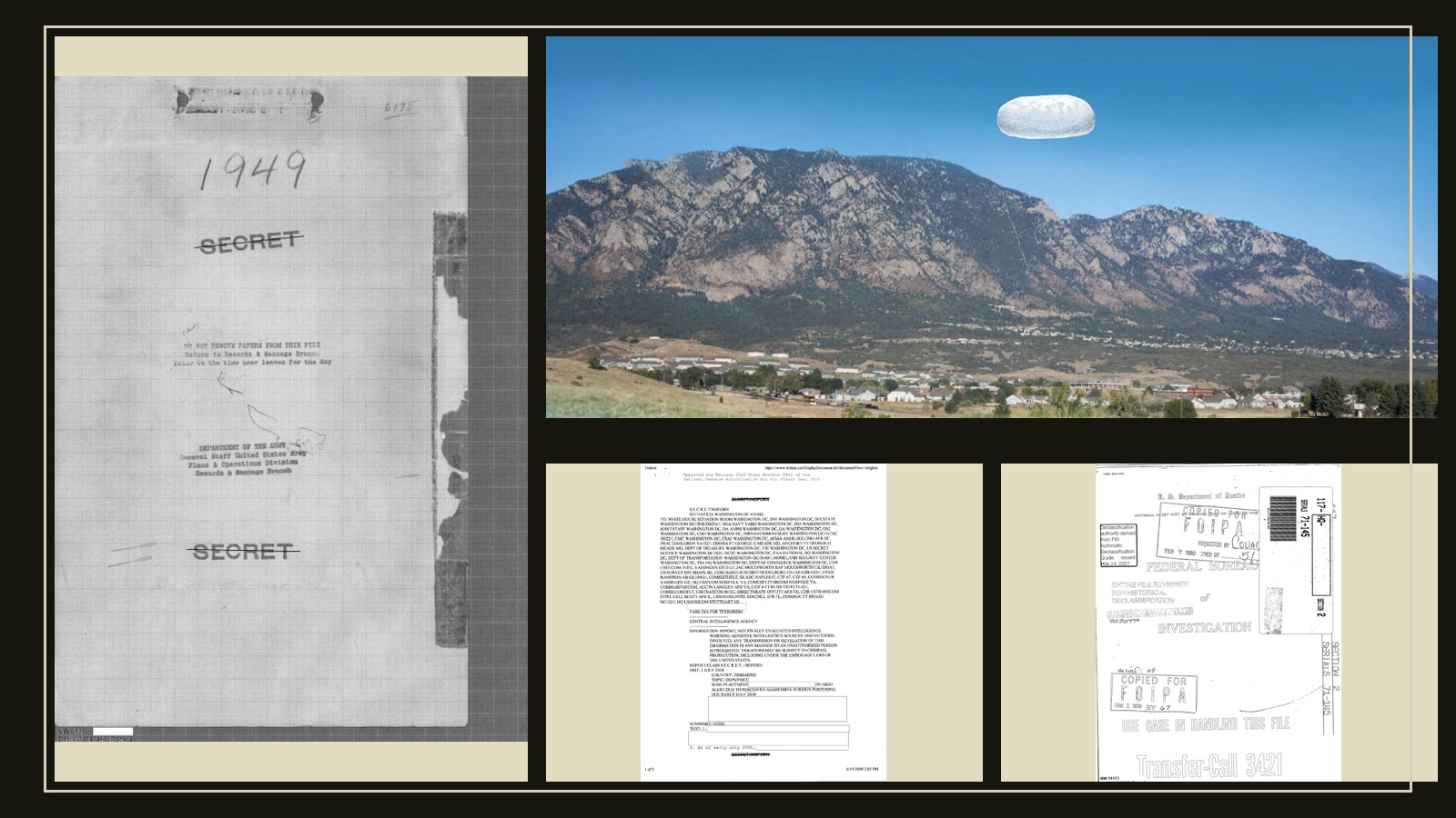 Editorial collage of official PURSUE Release 03 source images, including a 1949 Army flying saucer study folder, an FBI Colorado Springs rendering, a CIA Harare report, and an FBI correspondence file.