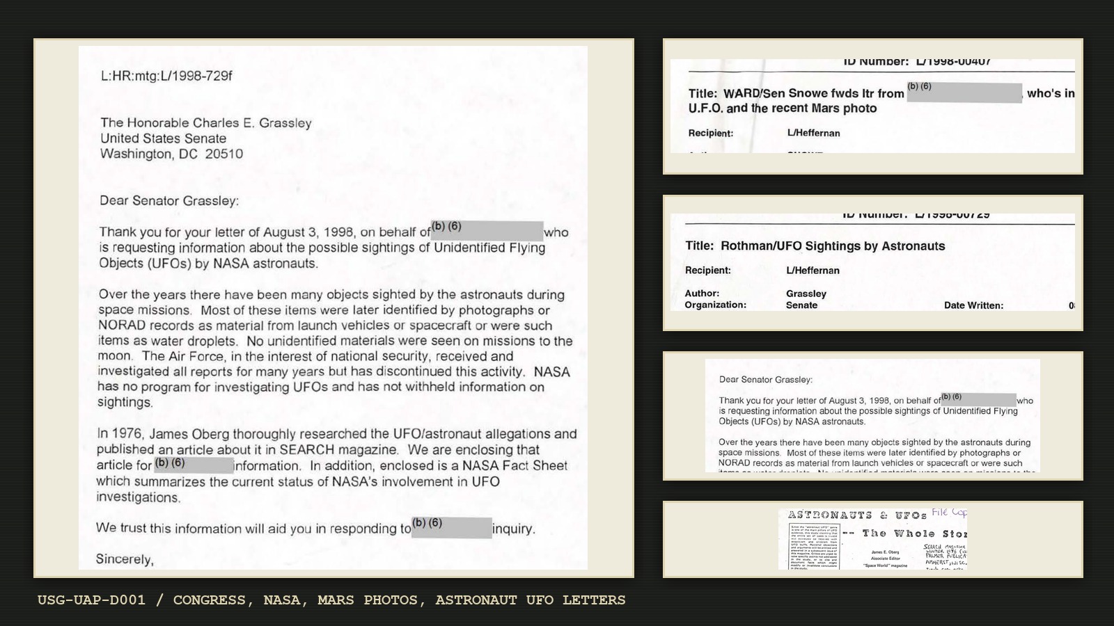Editorial collage from USG-UAP-D001 showing 1998 congressional and NASA UFO correspondence about Mars photos and astronaut UFO sightings.