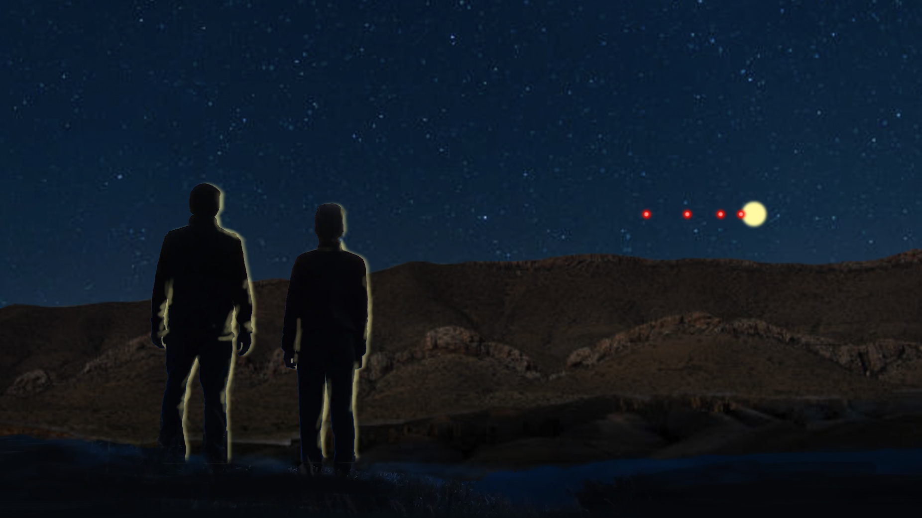 Official FBI digital rendering for the Western United States Event showing two figures watching red and yellow lights above a ridgeline.