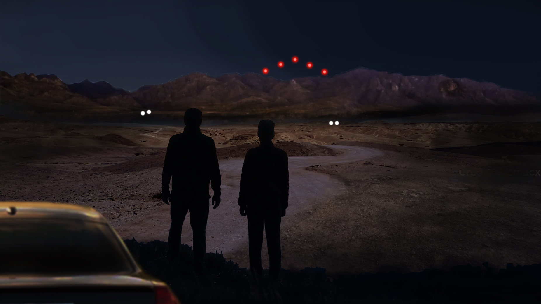 Official FBI digital rendering for the Western United States Event showing red lights above a mountain line and two figures near a vehicle.