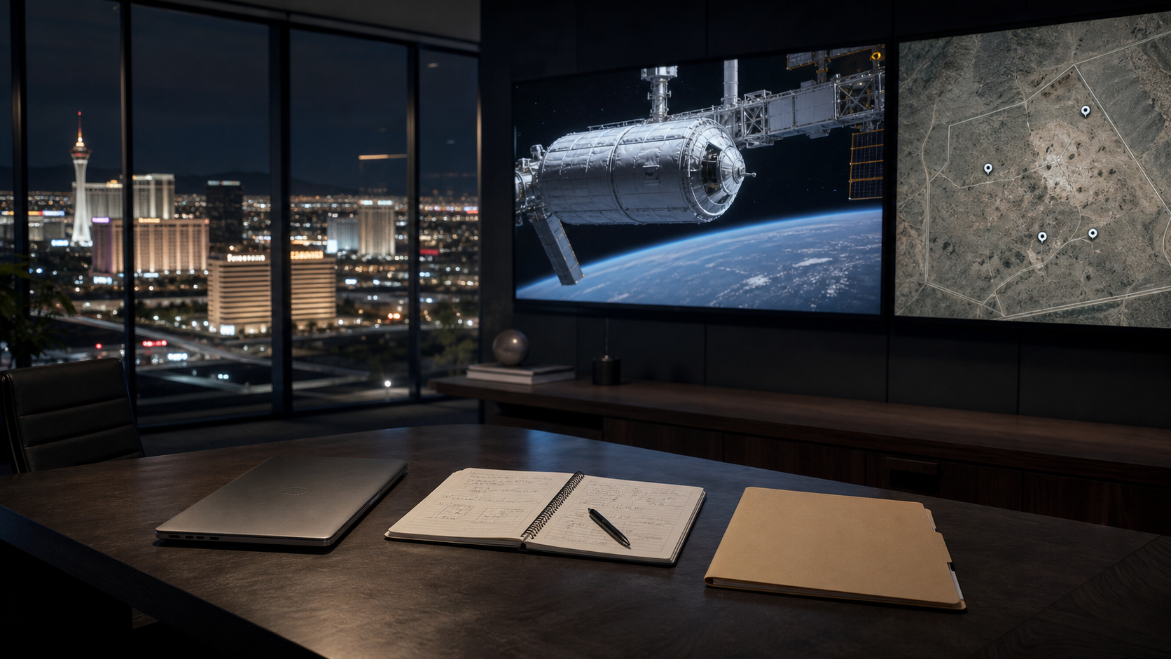AI-generated editorial image of a Las Vegas aerospace office with an ISS habitat module screen and a Utah ranch map.
