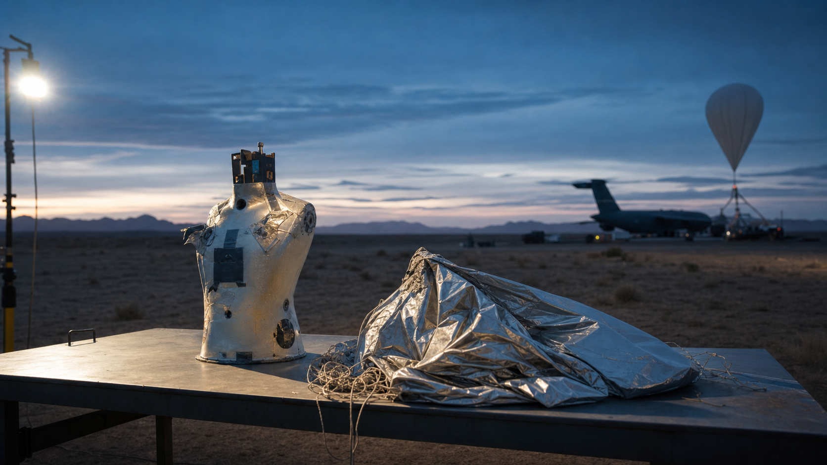 AI-generated editorial image of a high-altitude test dummy torso, collapsed balloon material, and desert recovery equipment at dusk.