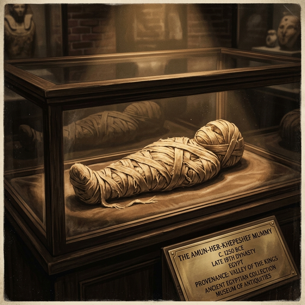 AI-generated editorial image of a mummified child in a museum display case with a descriptive placard.