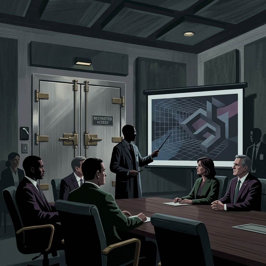 Editorial illustration of a secure congressional briefing room (SCIF) with heavy metal security doors. On the presentation screen, a stylized graphic of a geometric matrix grid or extra-dimensional space. Silhouettes of scientists briefing politicians.