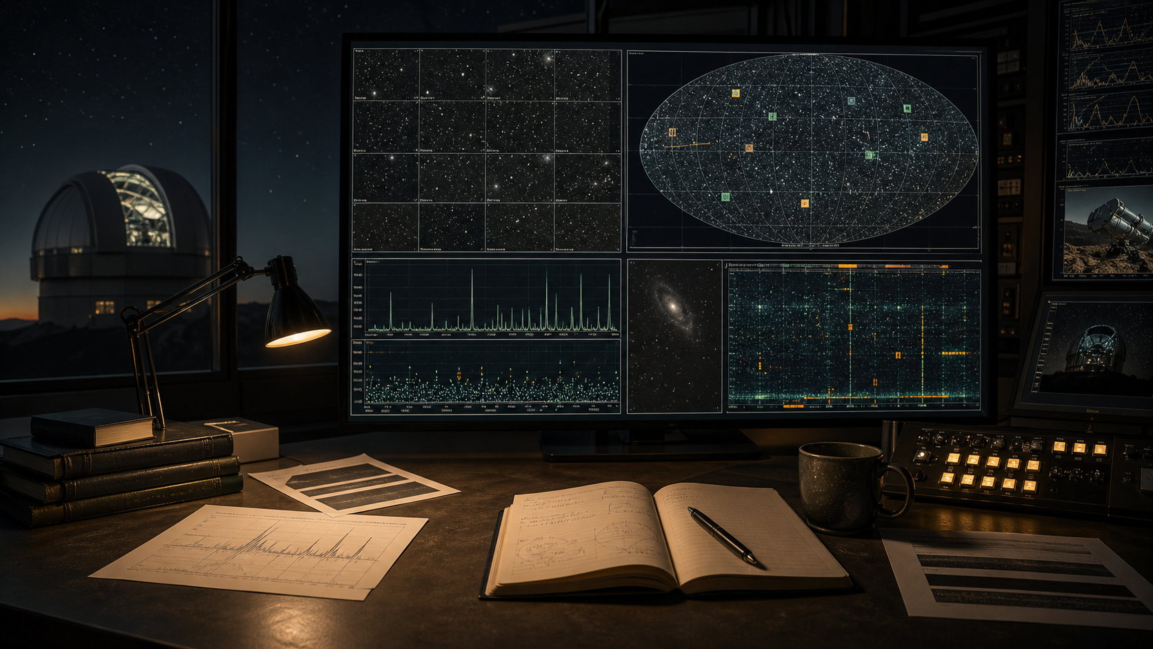 Editorial illustration of an astronomy data room with survey sky tiles, spectra, alert markers, telescope imagery, and an observatory dome at night.