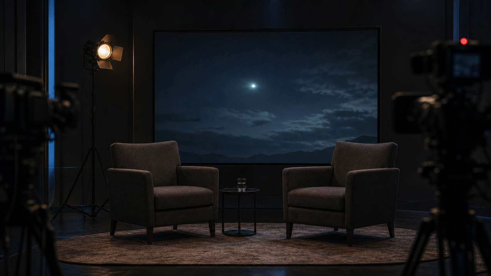 Editorial illustration of a dark TV interview studio with empty chairs and a monitor showing an ambiguous light in the sky.