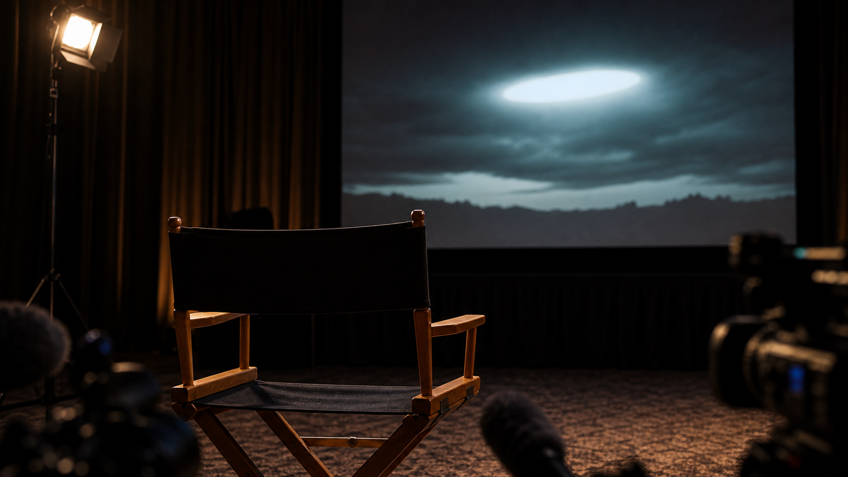 AI-generated editorial image showing an empty director's chair facing a cinema screen with an ambiguous light in the sky.