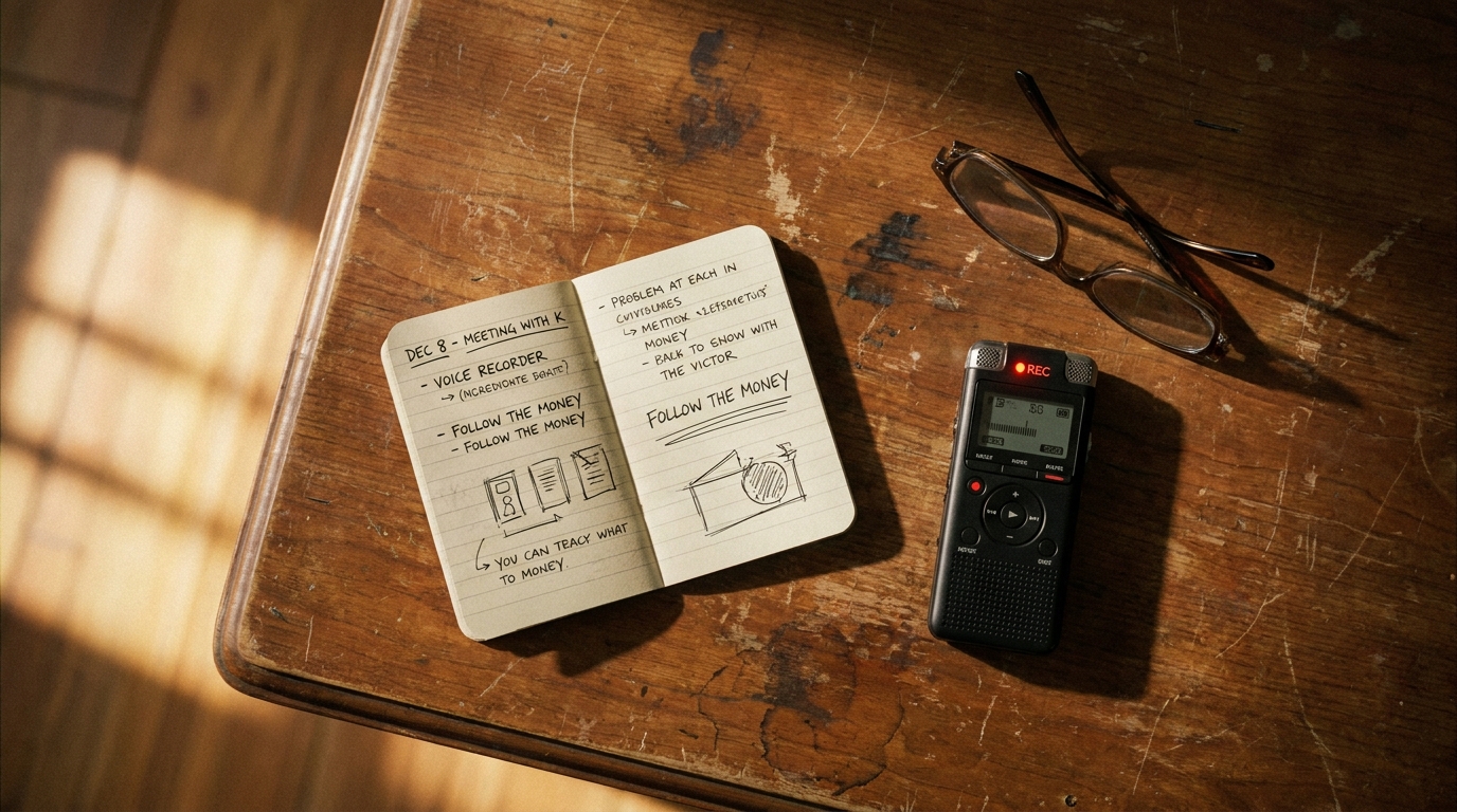 Photographic overhead still of a wooden desk with a small open notebook of handwritten notes, a black digital voice recorder with a glowing red REC light, and a folded pair of reading glasses, lit from one side by warm window light.