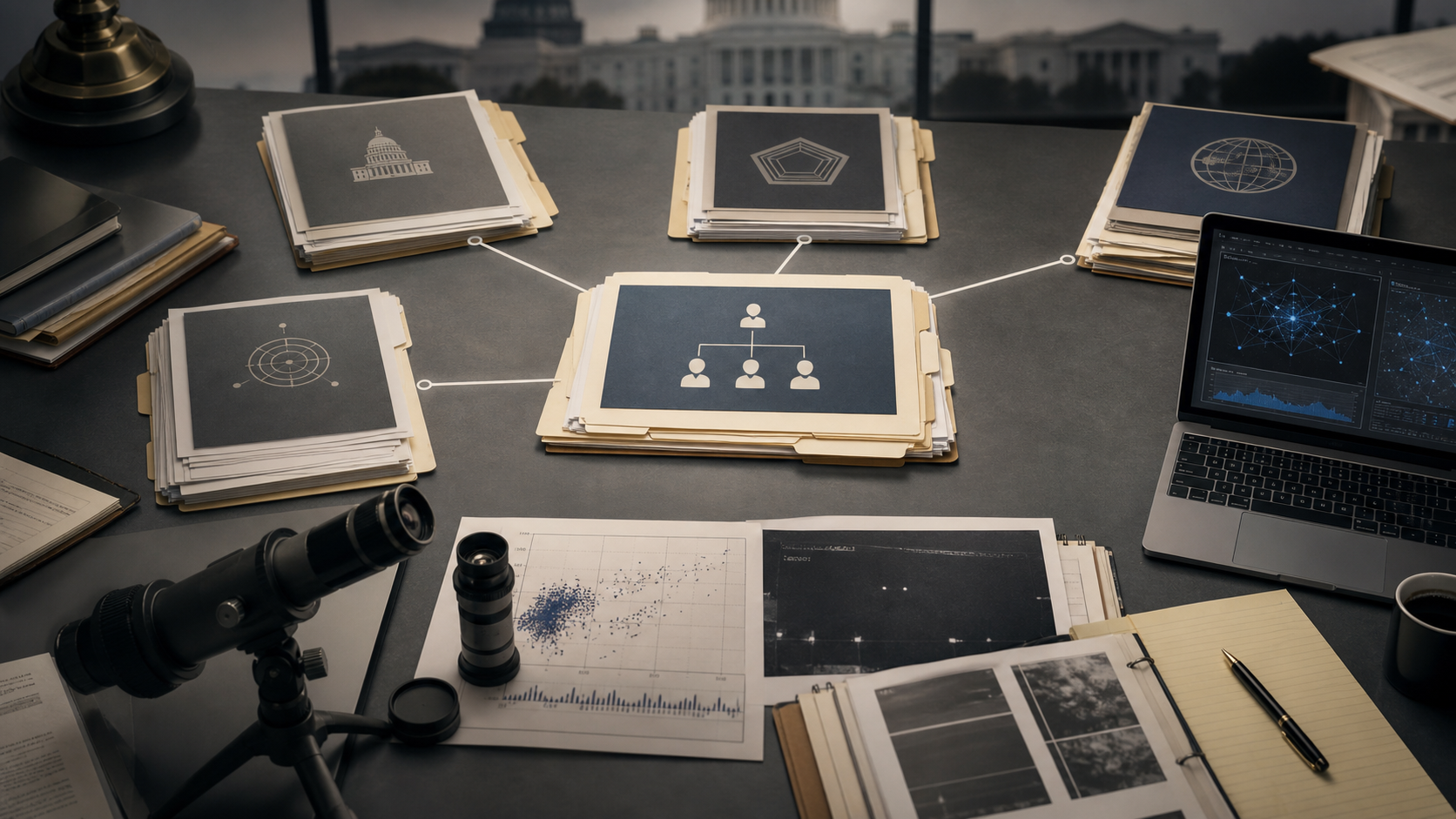 Editorial illustration of UAP Governance Board folders connected to agency and science-advisory files on a Washington desk.