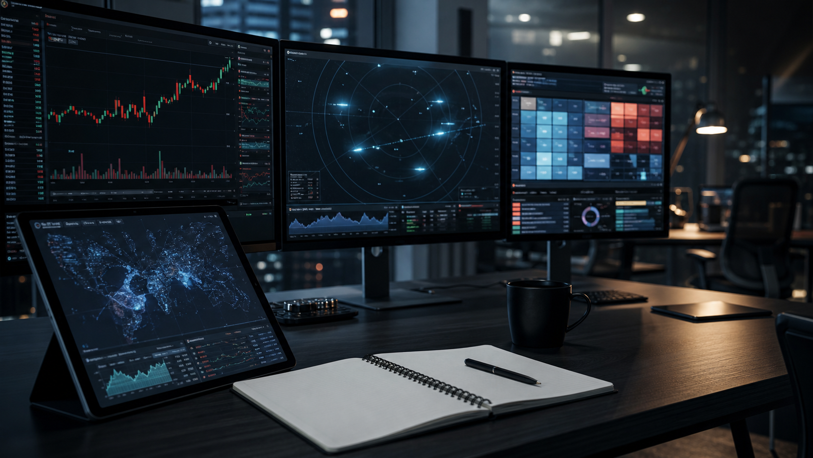 AI-generated editorial image showing a modern trading desk with market charts, abstract radar-like UAP traces, sector heatmap screens, and newsroom lighting.