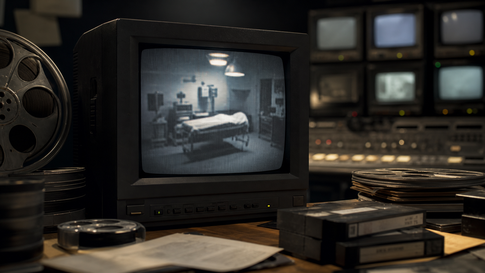 Editorial illustration of a 1990s television monitor showing a blurred autopsy-room scene.