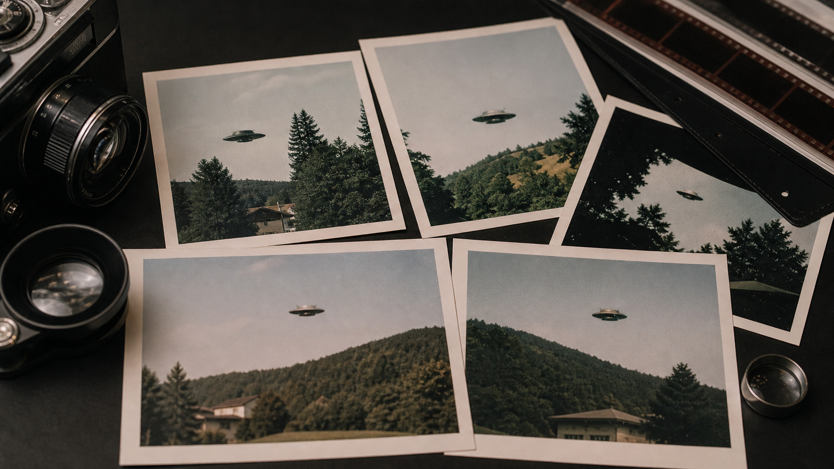 Editorial illustration of vintage UFO contact photographs on a desk with a camera and negatives.
