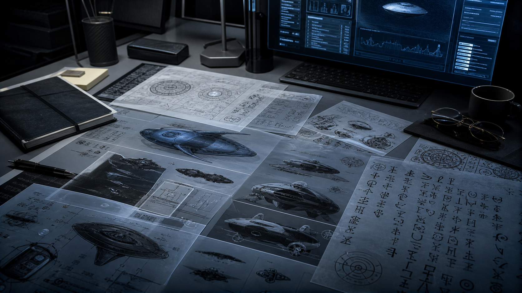 Editorial illustration of pseudo-technical drone diagrams and alien-looking symbols on a desk.