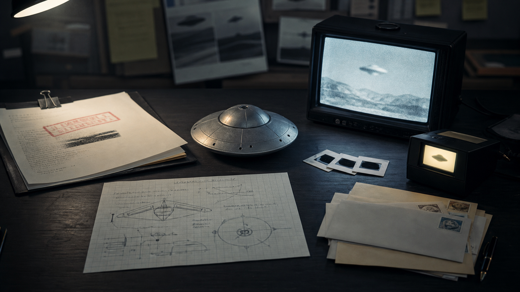 UFO hoax objects on a desk: a memo, saucer model, TV monitor, slides, diagrams, and anonymous letters.