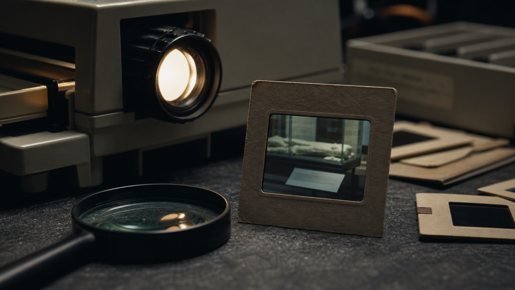 Editorial illustration of a slide projector and a 35mm slide showing a museum display with a blurred placard.