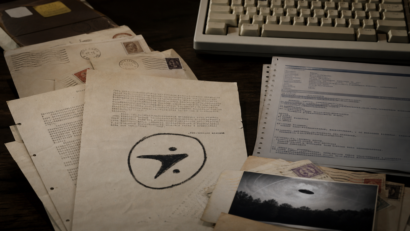 Editorial illustration of anonymous typewritten letters, envelopes, an old keyboard, and a strange symbol.