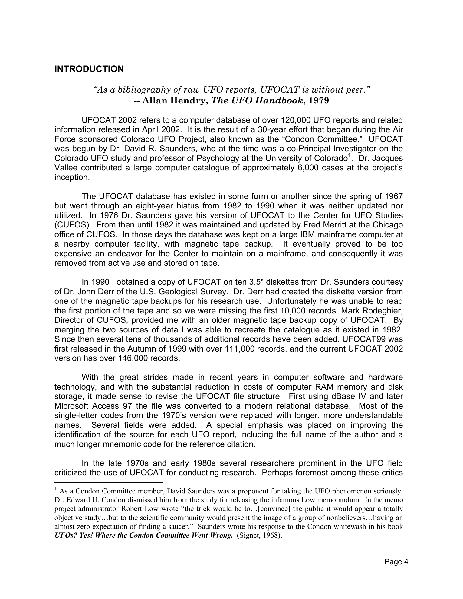 Rendered page from the UFOCAT 2023 User's Guide introduction mentioning Jacques Vallee's early 6,000-case catalog contribution.
