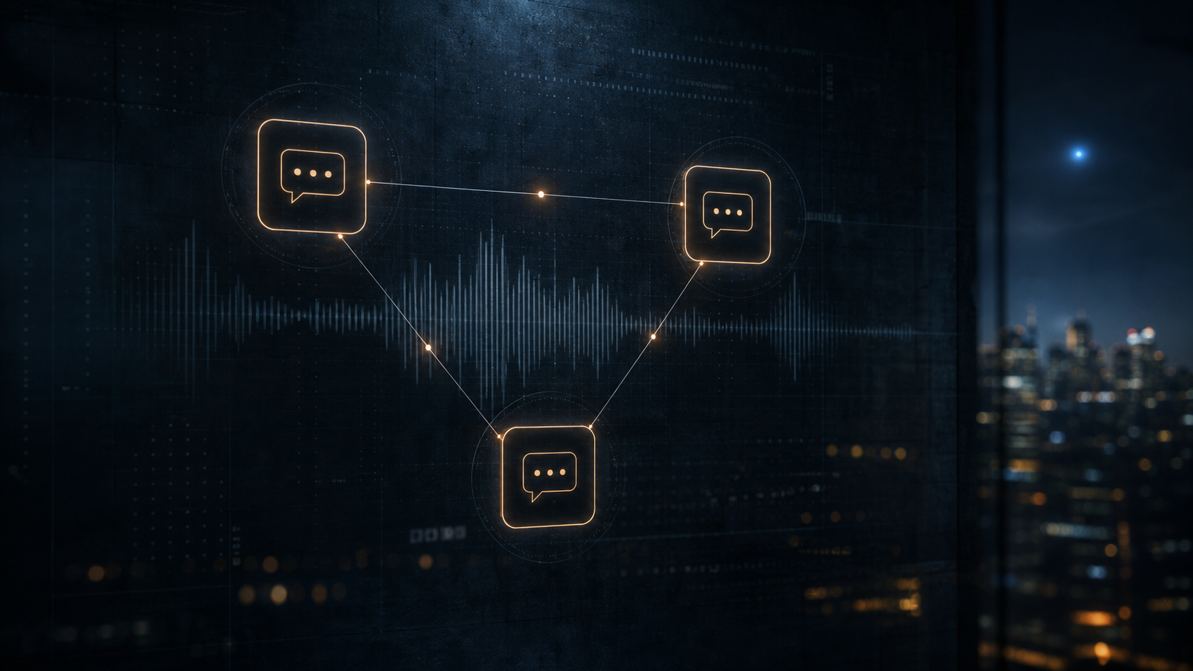 AI-generated editorial image of a dark communications network with three message nodes and a distant blue light, illustrating a UAP outreach claim.