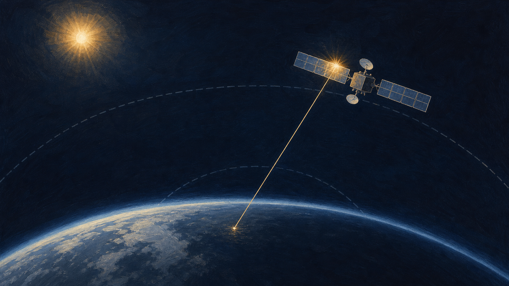 Painted editorial illustration of sunlight reflecting from a communications satellite toward the Earth, with faint orbital geometry lines.