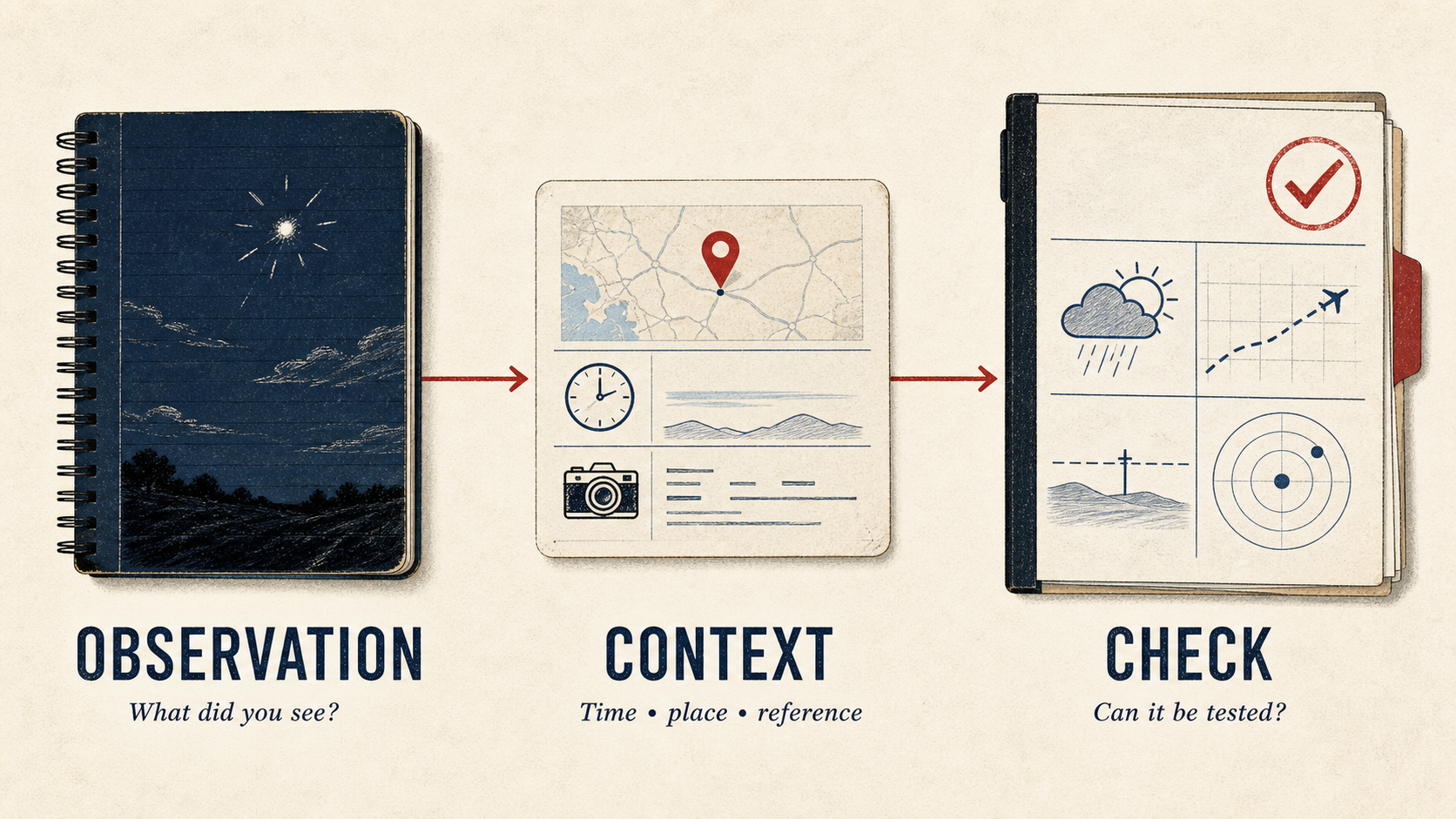 Infographic showing three stages of a useful UAP report: observation, context, and check.