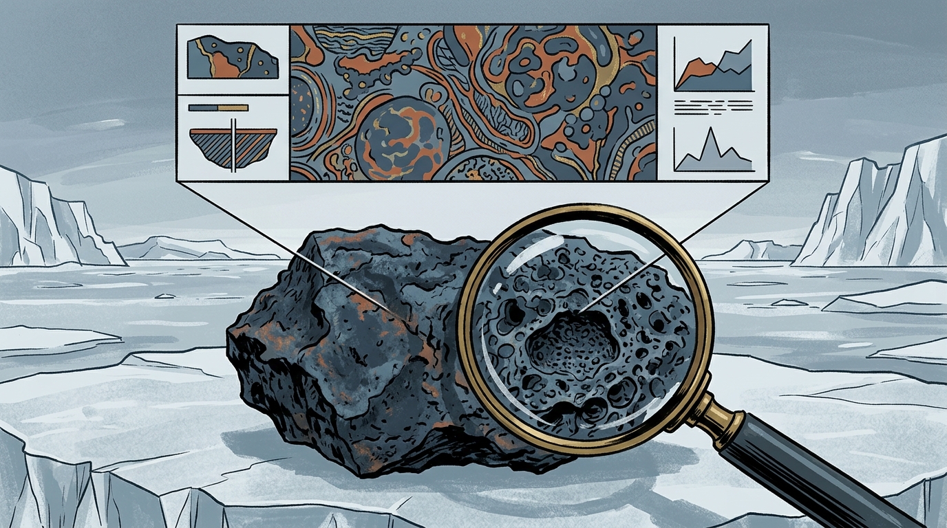 Painted editorial illustration of the dark Martian meteorite ALH84001 on Antarctic ice under a magnifying lens, showing microscopic structure diagrams.