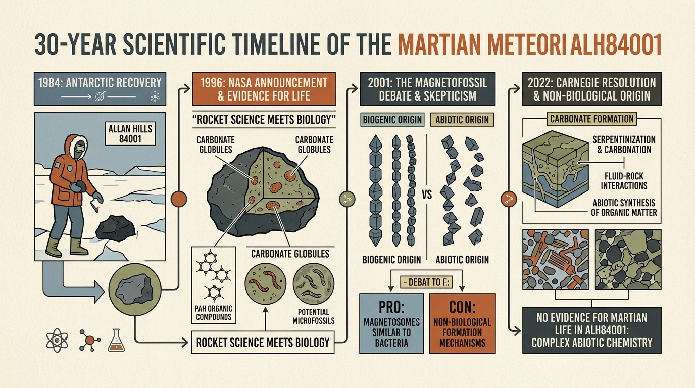 30-year scientific timeline infographic of Martian meteorite ALH84001 from 1984 Antarctic recovery to 1996 NASA announcement, 2001 magnetofossil debate, and 2022 Carnegie Science abiotic resolution.