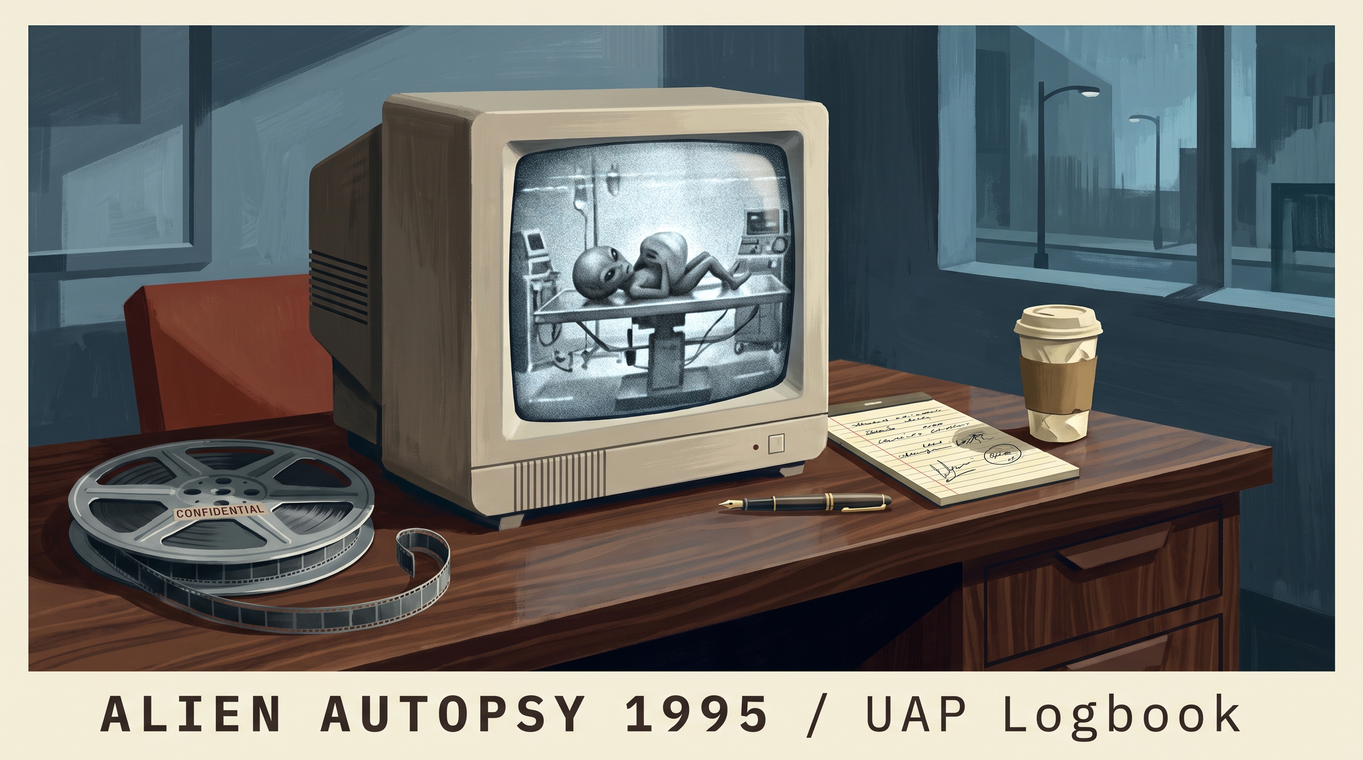 Editorial illustration of a 1990s television studio monitor showing a black-and-white alien-autopsy frame, a film reel, a tracked caption identifying the 1995 FOX broadcast and the February 2026 court ruling.
