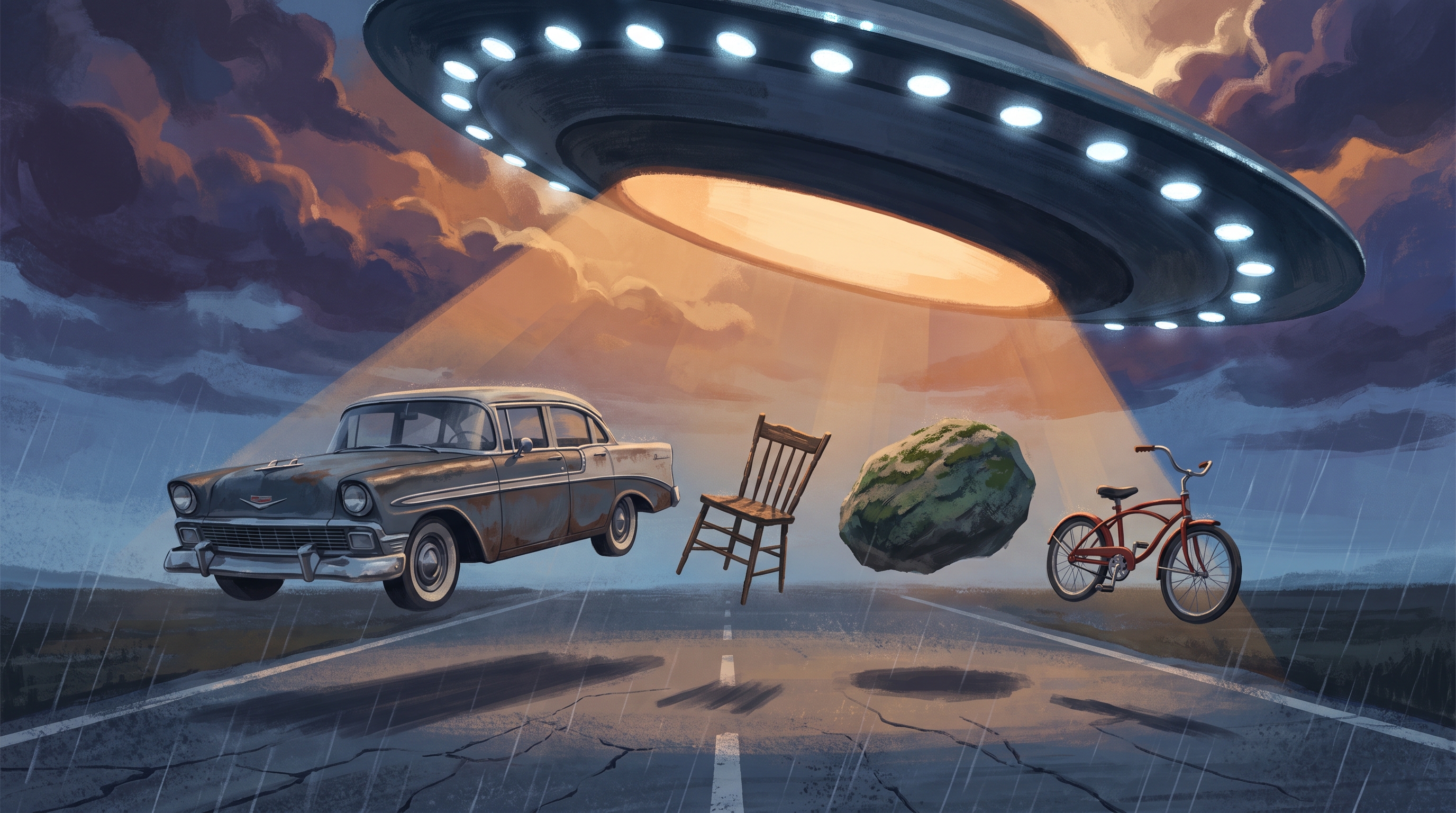 Editorial illustration: a 1950s sedan, a wooden chair, a mossy boulder, and a red child's bicycle all float several feet above a rain-slick rural road at dusk, while a large dark disc-shaped craft with a ring of pulsing white lights hovers above them, casting a wide cone of warm amber light onto the floating objects. Storm clouds break apart around the craft.