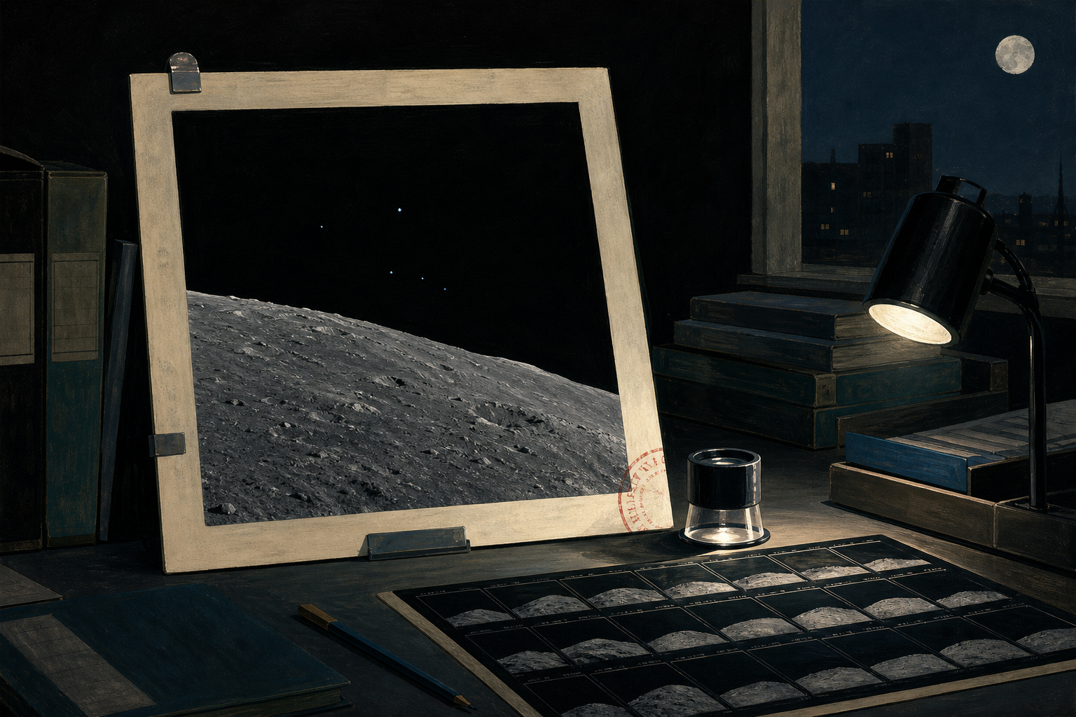 Editorial illustration of a lunar photograph on an archive desk, with a contact sheet and magnifying loupe; a few ambiguous points of light appear in the photographed sky.