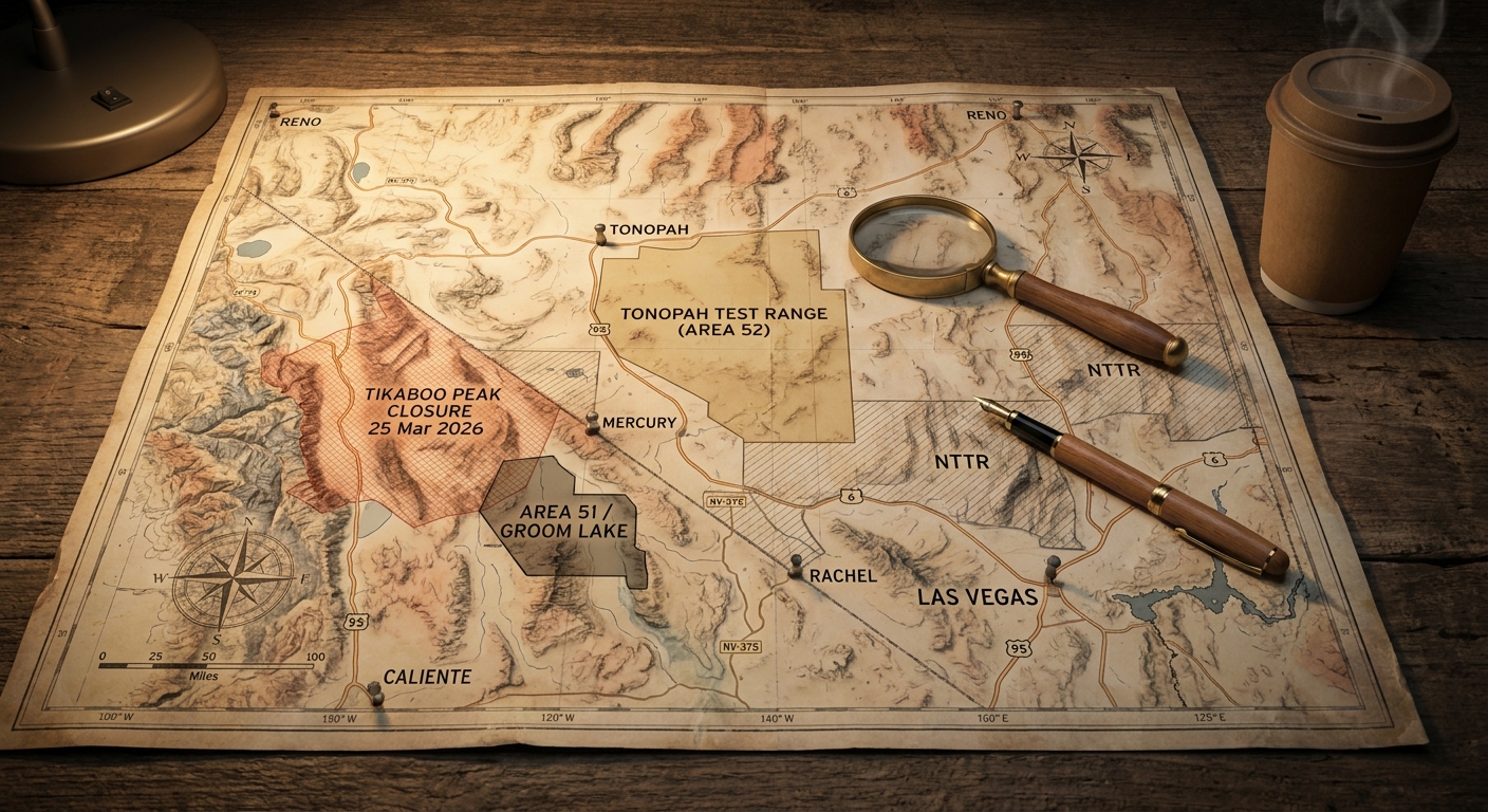 A vintage topographical map of southern Nevada spread across a dark wooden desk, showing Tonopah, Las Vegas, Reno, Mercury, Rachel, and Caliente. Area 52 / Tonopah Test Range is a tan polygon in central Nevada, with Area 51 / Groom Lake as a smaller dark polygon to the southwest, a red-orange overlay marking the Tikaboo Peak closure of 25 March 2026, NTTR restricted airspace as hatched envelope, and US-95, US-6, NV-375 marked. A magnifying glass rests on Area 52, a fountain pen crosses the road lines, and a kraft-paper coffee cup steams at the corner.