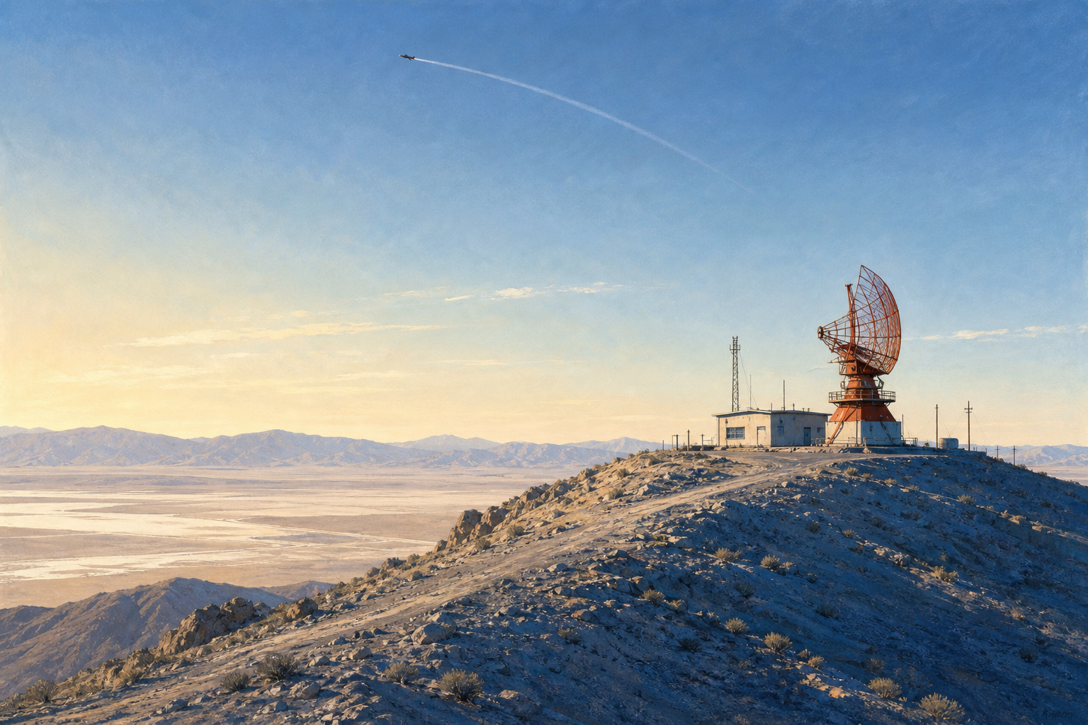 Painted editorial illustration of a 1960s radar tracking antenna on a rocky Nevada ridge, with a small rocket plane high in the sky.